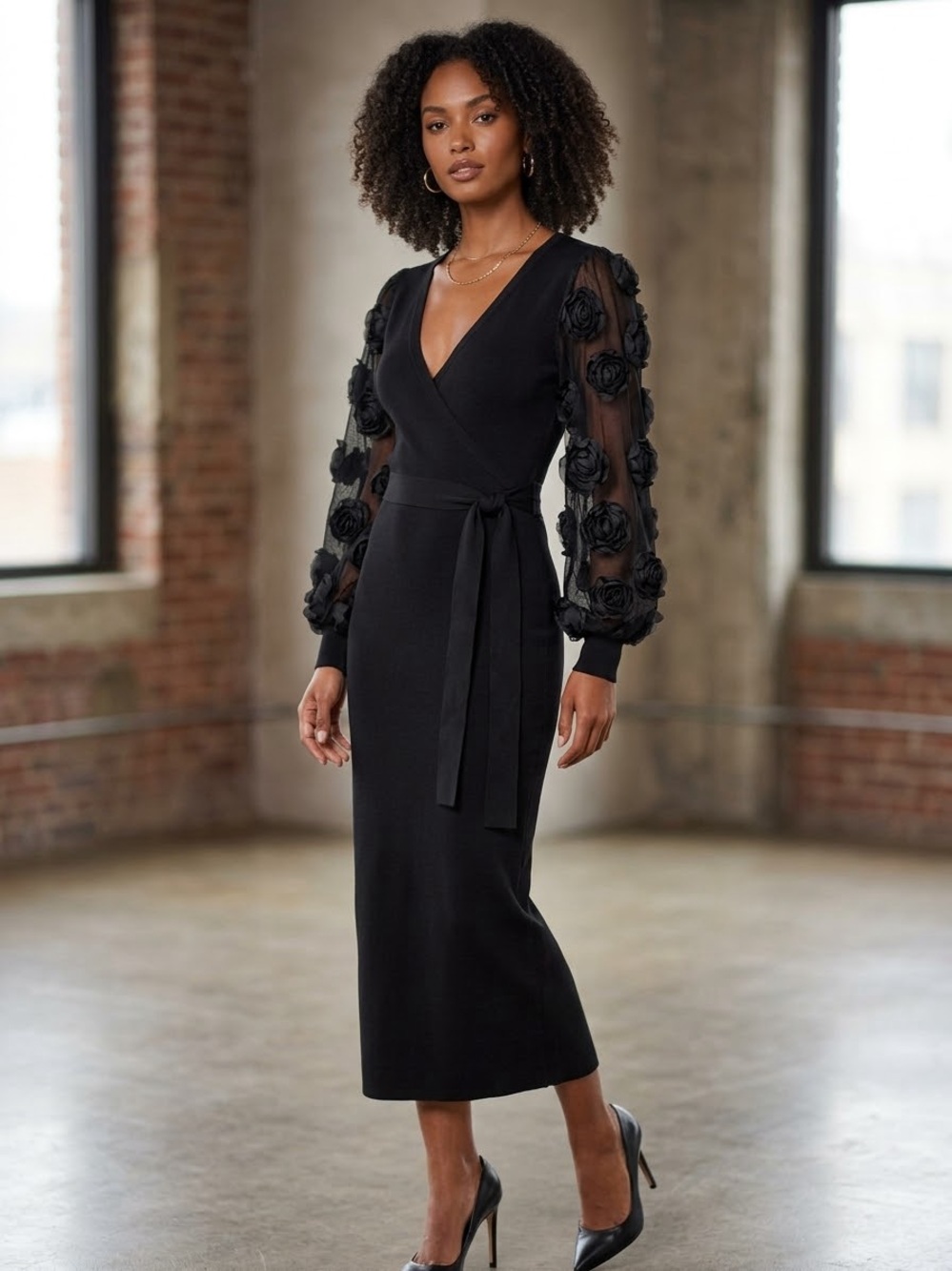 Flying Tomato Black Midi Wrap Dress with Sheer Floral Sleeves